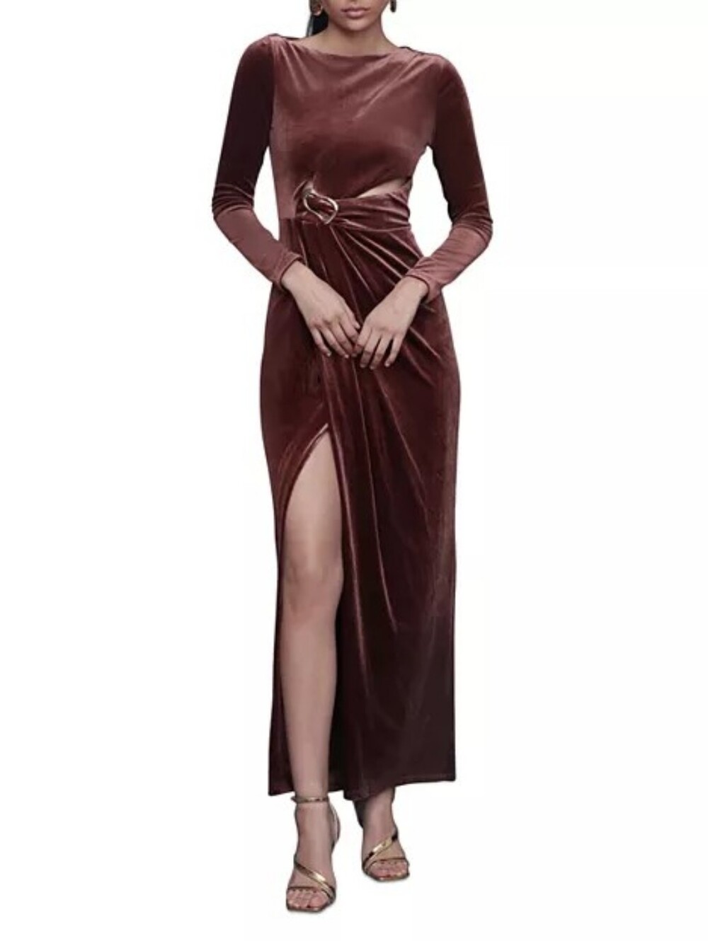 Elegant Long Sleeve Velvet Gown with Side Slit - Brown